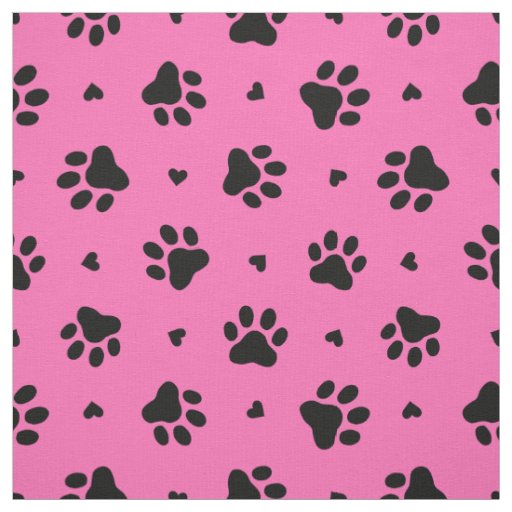 Black Dog Paw Prints and Hearts Pattern Fabric