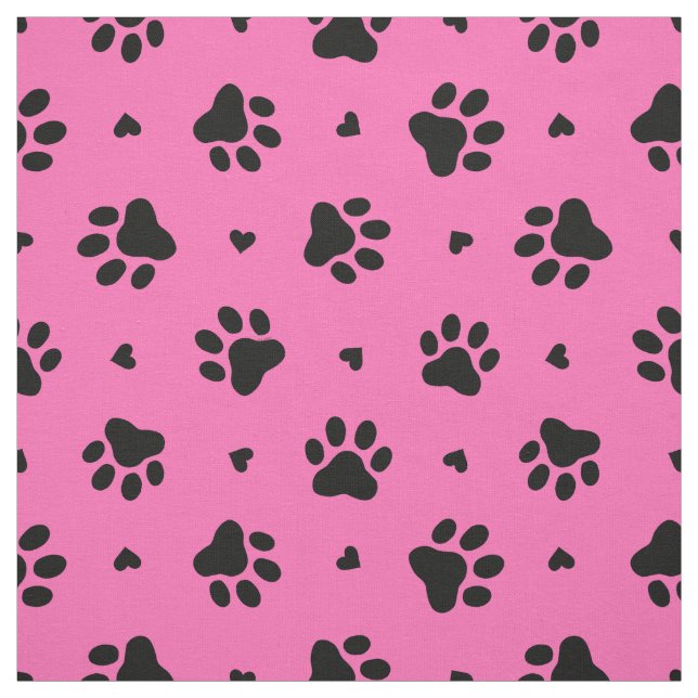 Black Dog Paw Prints and Hearts Pattern Fabric (Swatch)