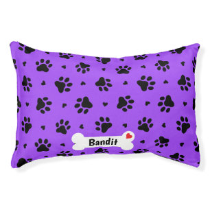 Black Dog Paw Prints and Hearts Pattern Pet Bed