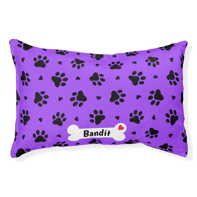 Black Dog Paw Prints and Hearts Pattern Pet Bed (Front)