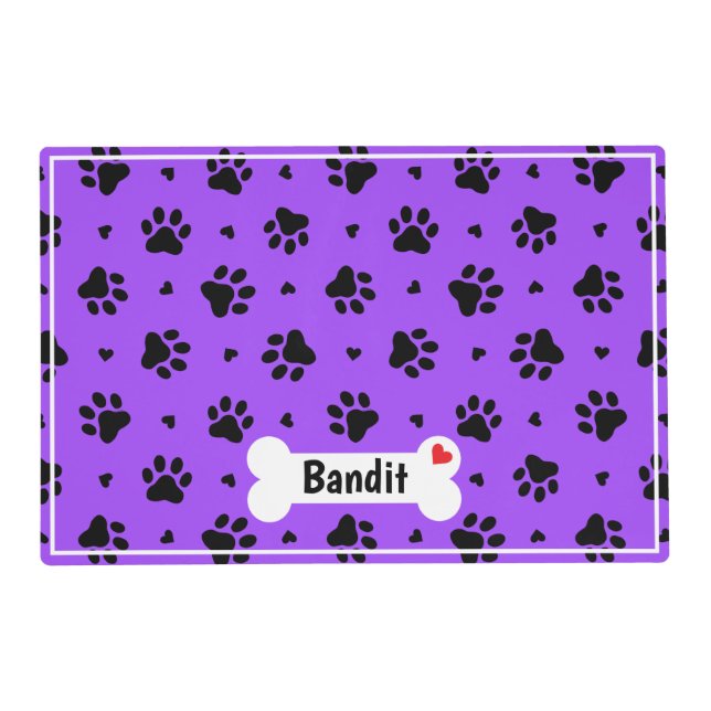 Black Dog Paw Prints and Hearts Pattern Placemat (Front)