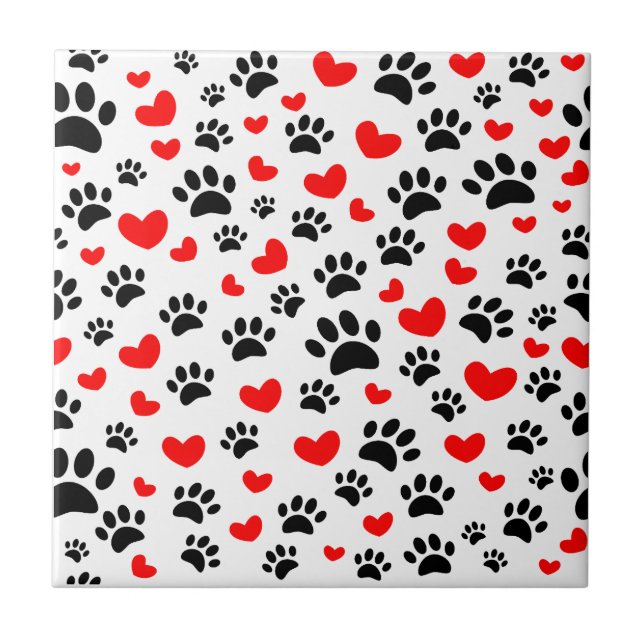 Black Dog Paw Prints And Red Hearts Custom Ceramic Tile (Front)
