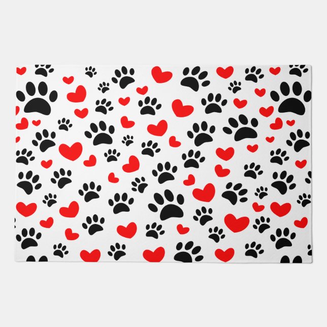 Black Dog Paw Prints And Red Hearts Custom Doormat (Front)