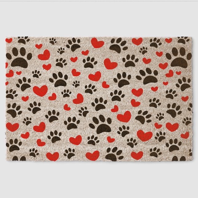 Black Dog Paw Prints And Red Hearts Custom Fiber Doormat (Front)
