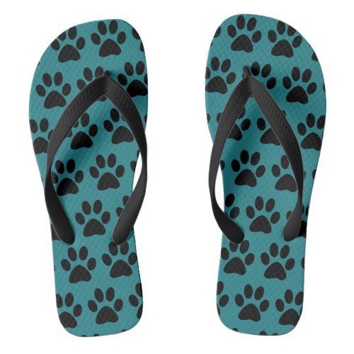 Black Dog Paw Prints On Blue Green Turquoise Flip Flops