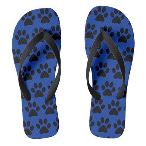 Black Dog Paw Prints On Royal Blue Flip Flops