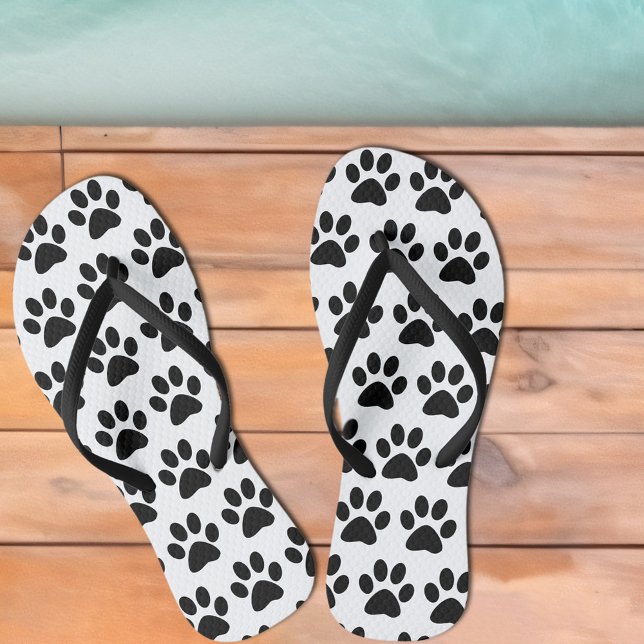 Black Dog Paw Prints On White Flip Flops (Black Dog Paw Prints Flip Flops Available with thick or thin straps in sizes for men,  women & kids!)