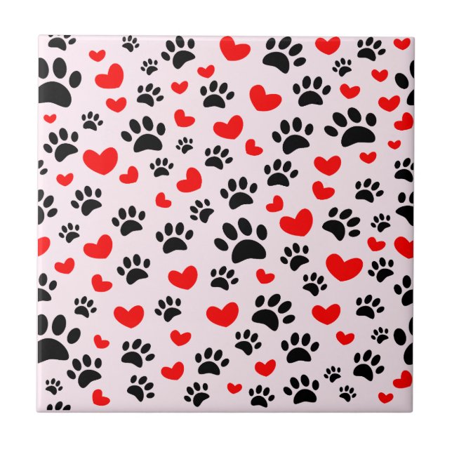 Black Dog Paw Prints Red Hearts Light Pink Ceramic Tile (Front)