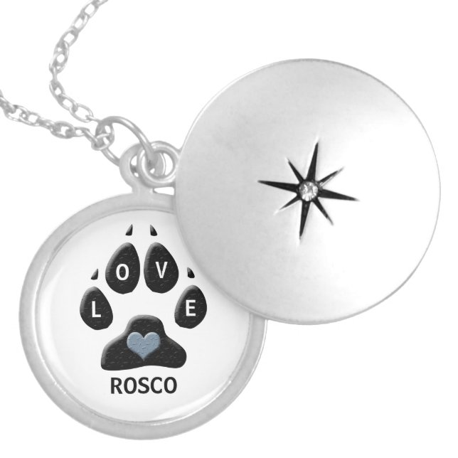 Black Dog Paw with Blue Heart Name Locket Necklace (Front)