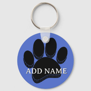 Black Dog Pawprint Hand Drawn Custom Name Blue Keychain