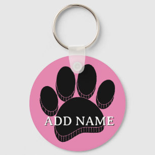 Black Dog Pawprint Hand Drawn Custom Name Pink Keychain