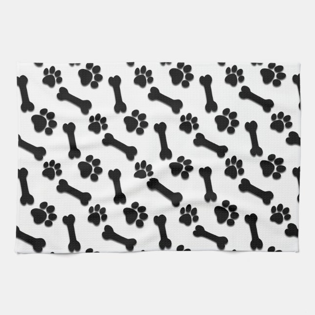 BLACK Dog Paws and Bones Custom Name and Sentiment Kitchen Towel (Horizontal)