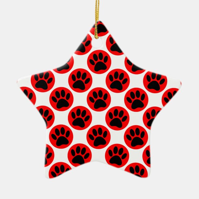 Black Dog Paws In Red Polka Dots Ceramic Ornament (Front)