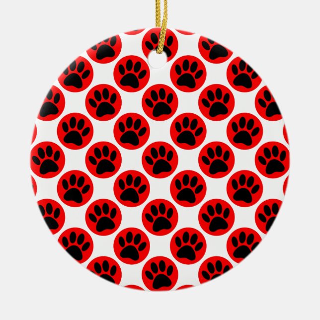 Black Dog Paws In Red Polka Dots Ceramic Ornament (Front)