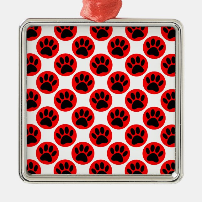 Black Dog Paws In Red Polka Dots Metal Ornament (Front)