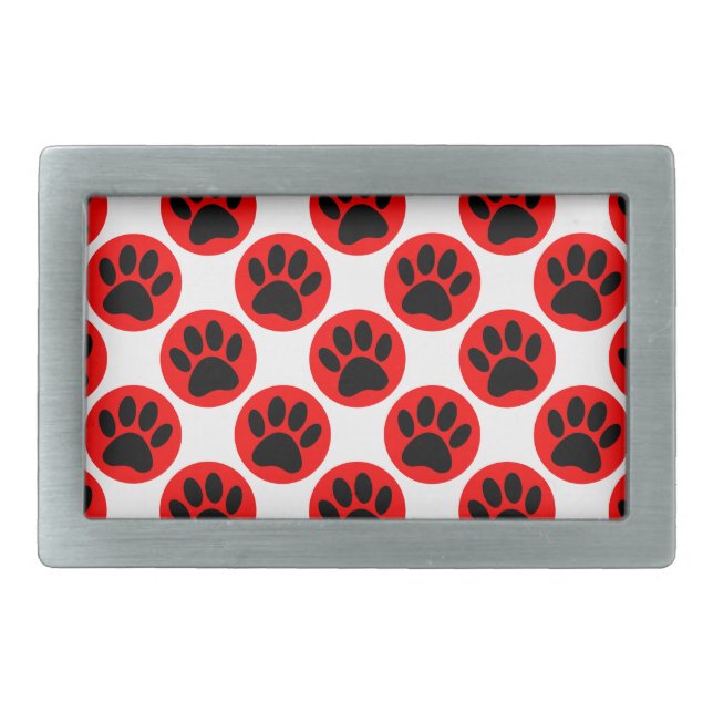 Black Dog Paws In Red Polka Dots Rectangular Belt Buckle (Front)