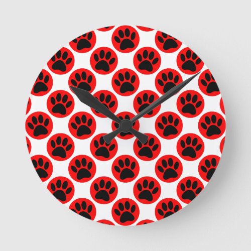 Black Dog Paws In Red Polka Dots Round Clock