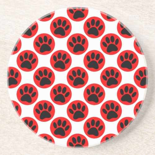Black Dog Paws In Red Polka Dots Sandstone Coaster