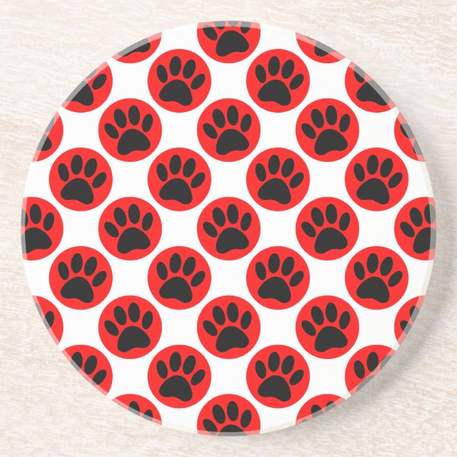 Black Dog Paws In Red Polka Dots Sandstone Coaster (Front)