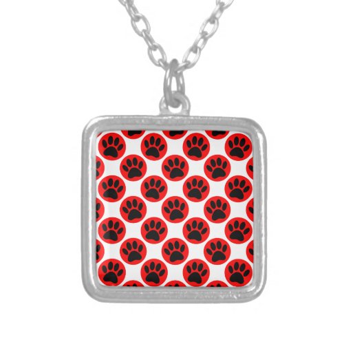 Black Dog Paws In Red Polka Dots Silver Plated Necklace