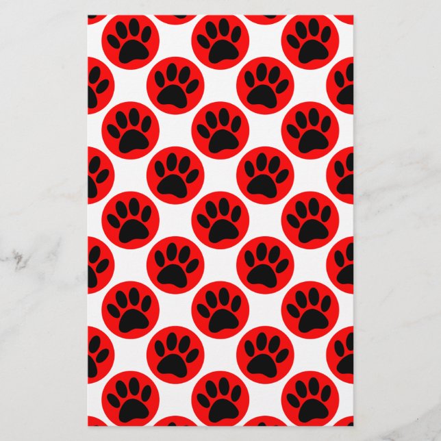 Black Dog Paws In Red Polka Dots Stationery (Front)