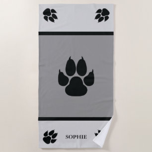 Black Dog Paws On Grey With Custom Name Beach Towel