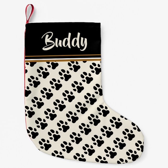 Black Dog Paws Pattern - Personalized Small Christmas Stocking (Front)