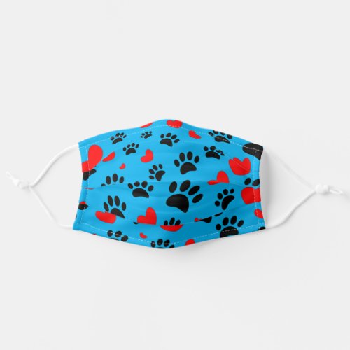 Black Dog Paws Red Hearts Pattern On Blue Adult Cloth Face Mask