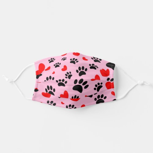 Black Dog Paws Red Hearts Pattern On Pink Adult Cloth Face Mask