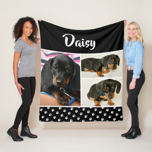 Black Dog Pet Lover Photo Collage Pawprint Fleece Blanket