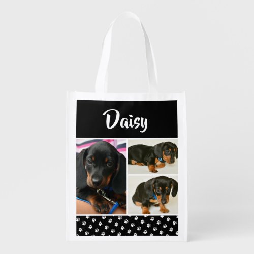 Black Dog Pet Lover Photo Collage Pawprint Grocery Bag