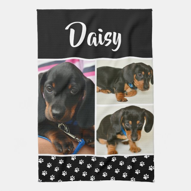 Black Dog Pet Lover Photo Collage Pawprint Kitchen Towel (Vertical)