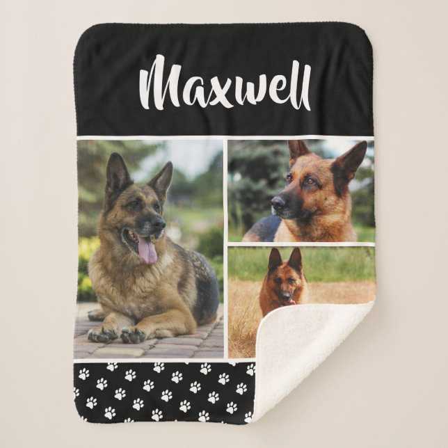 Black Dog Pet Lover Photo Collage Pawprint Sherpa Blanket (Front)