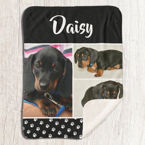 Black Dog Pet Lover Photo Collage Pawprint Sherpa Blanket