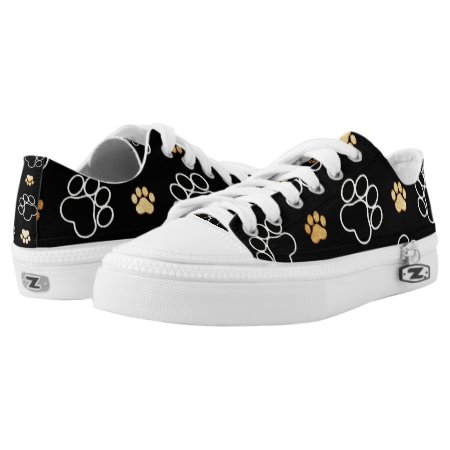 Black Dog Puppy Paw Print Tan White Sneaker Shoes