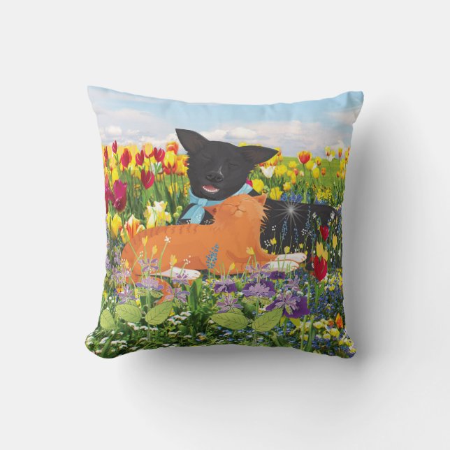 Black Dog, Red Cat  Throw Pillow (Front)