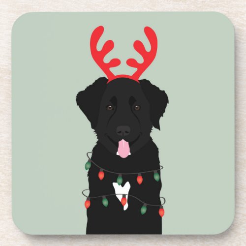 Black Dog Reindeer Christmas Lights Beverage Coaster