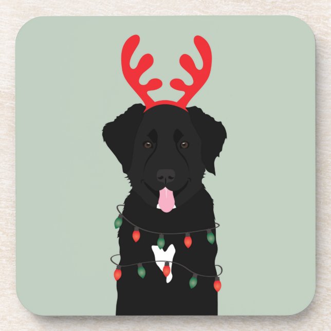 Black Dog Reindeer Christmas Lights Beverage Coaster (Front)