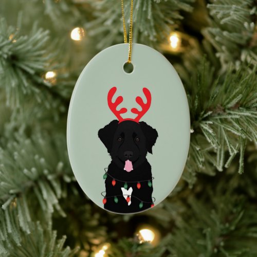 Black Dog Reindeer Christmas Lights Ceramic Ornament