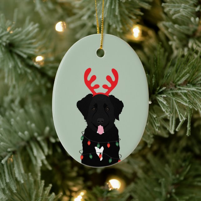 Black Dog Reindeer Christmas Lights Ceramic Ornament (Tree)