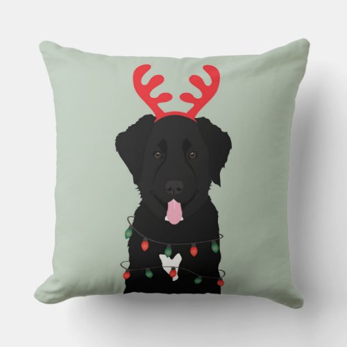 Black Dog Reindeer Christmas Lights Throw Pillow