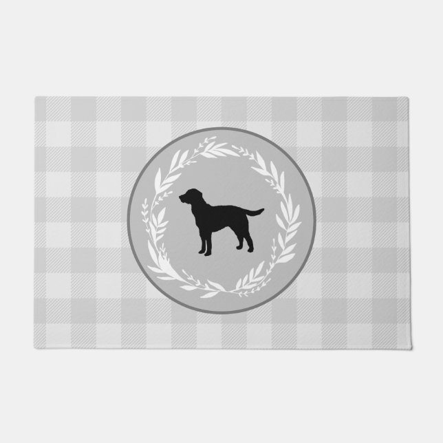 Black Dog Silhouette Buffalo Check Pattern Gray Doormat (Front)