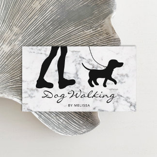 Black Dog Walker Silhouette On Faux Marble Business Card