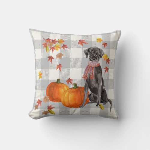 Black Dog with Pumpkins Falling Leaves Gray Check Throw Pillow