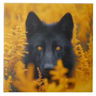 Black Dog with Stunning Gold Eyes Ceramic Tile