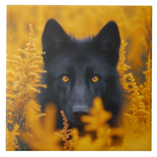Black Dog with Stunning Gold Eyes Ceramic Tile (Front)