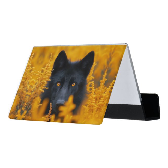 Black Dog with Stunning Gold Eyes Desk Business Card Holder (Angled Back)