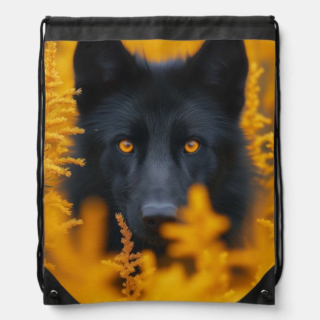 Black Dog with Stunning Gold Eyes Drawstring Bag (Front)