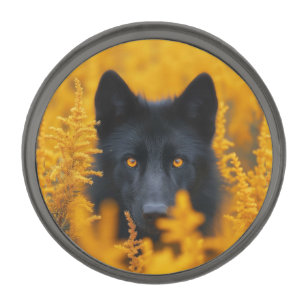 Black Dog with Stunning Gold Eyes Gunmetal Finish Lapel Pin