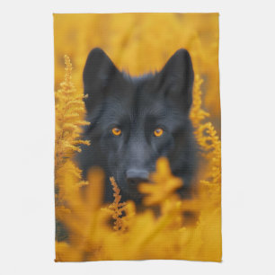 Black Dog with Stunning Gold Eyes Kitchen Towel